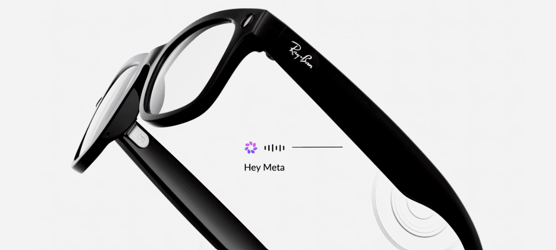 Ray-Ban Meta AI glasses (Wayfarer style) in black, shown at an angle with a Hey Meta voice prompt