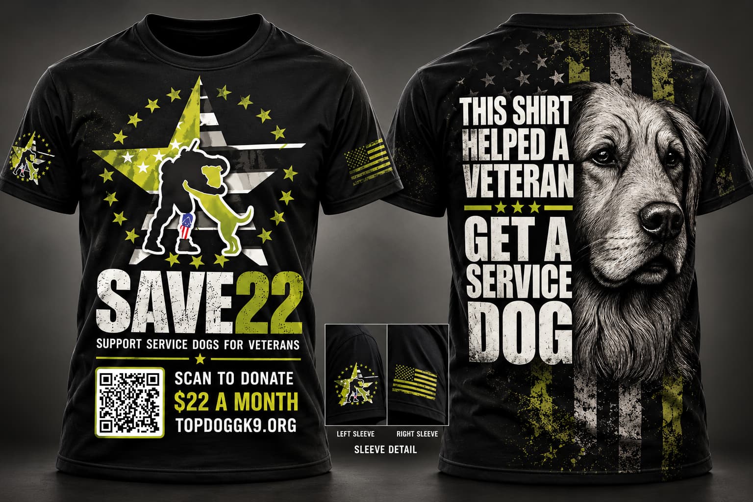 Black Top Dogg K9 Foundation #Save22 T-shirt showing the front with the Save22 star logo and QR code, the back reading This Shirt Helped a Veteran, Get a Service Dog, and left and right sleeve details